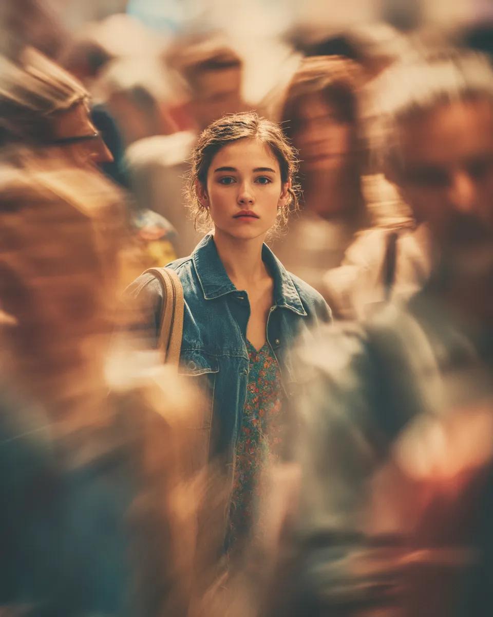 Cinematic portrait of a young person standing still in the middle of…