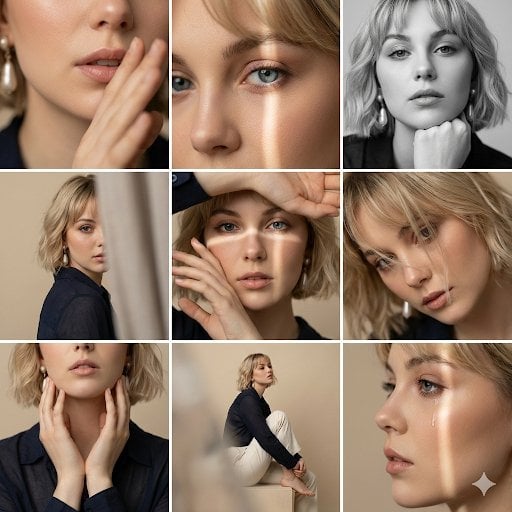 Editorial 3x3 photo grid in a clean soft beige studio. Character (mat…