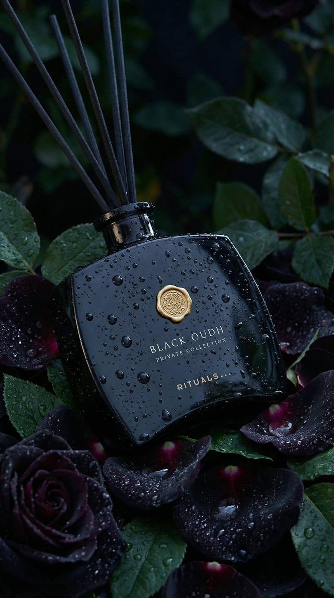 Ultra-realistic luxury product photography of a black glass reed diff…