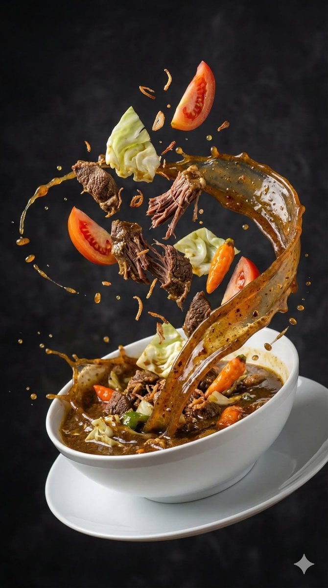 image prompt Rich Asian soup action Ingredients exploding upward in m…