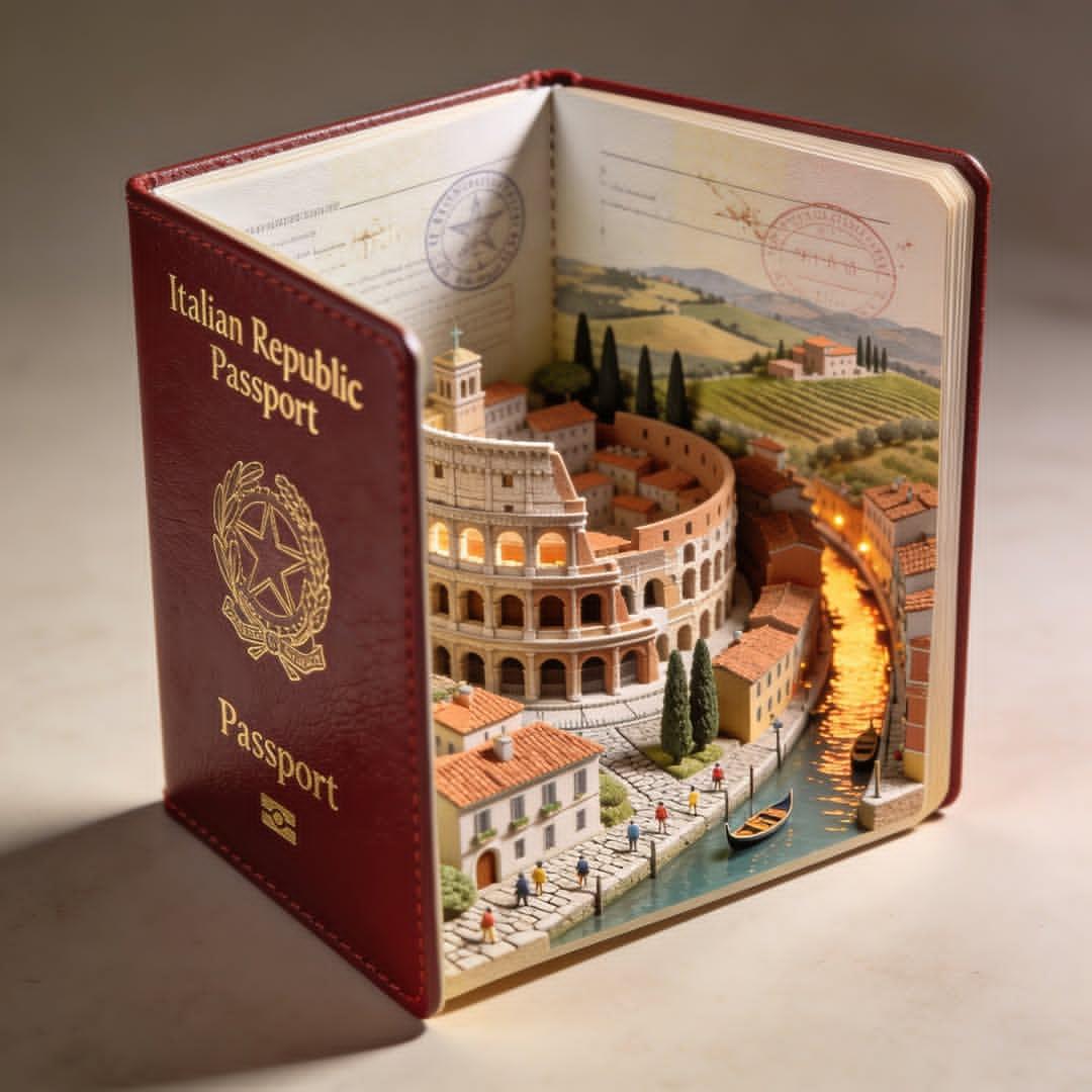Hyper-realistic open [COUNTRY] passport on a studio surface, with gol…