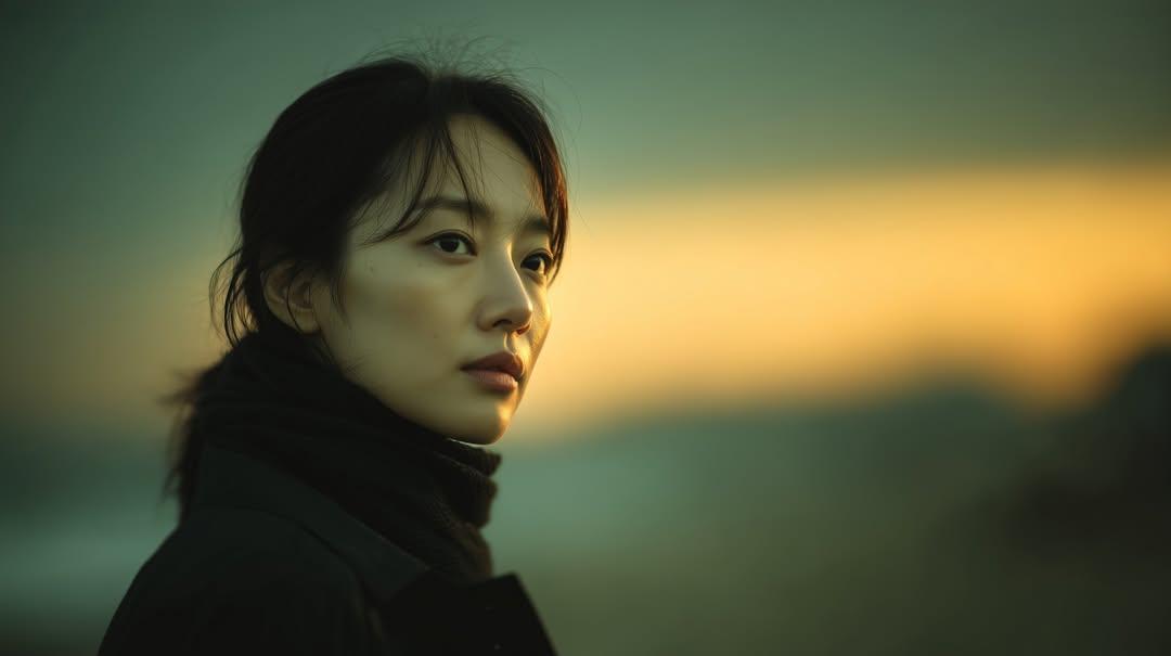 Photorealistic cinematic portrait of a young East Asian woman standing outdoors at sunset, side-profile close…