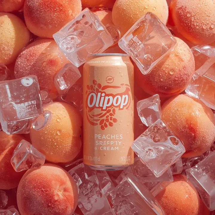Ultra-realistic commercial product photography of a pastel peach-colored soda can labeled “OLIPOP – Peaches &…