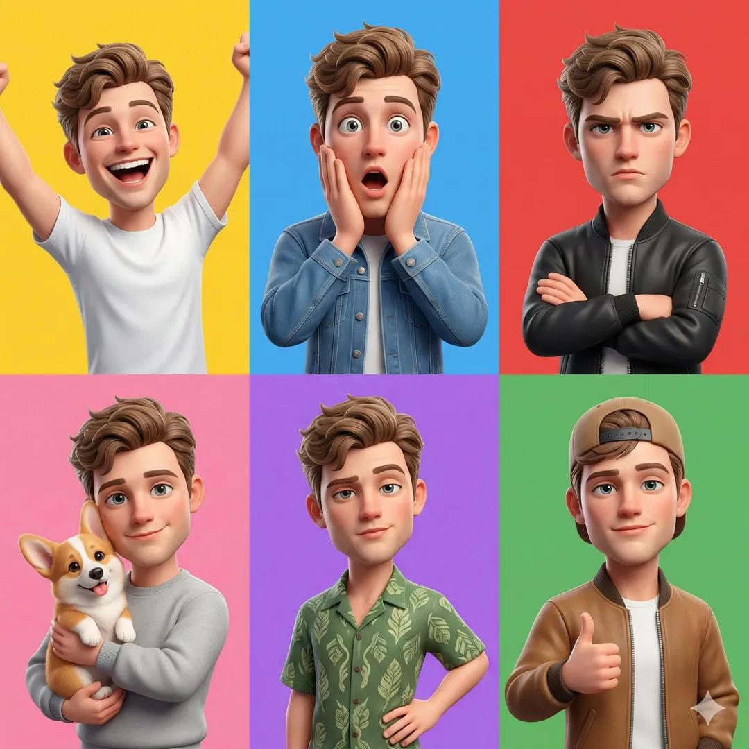 A 3D Pixar-style animated young male character showcased in a 6-panel…