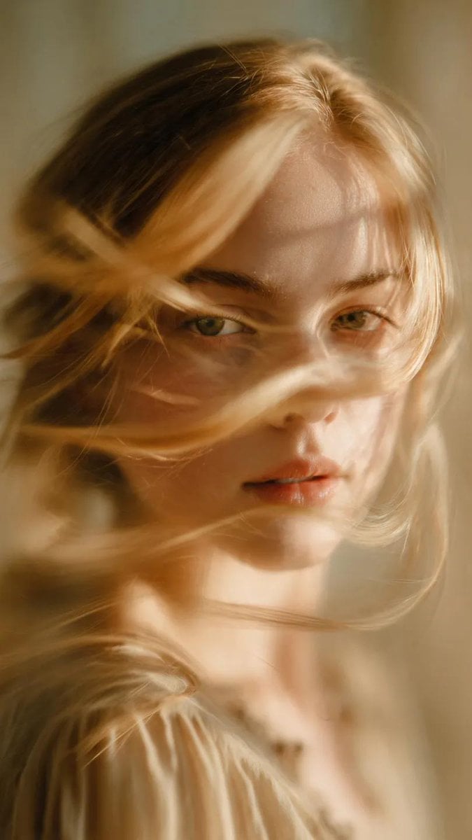 A soft-focus, cinematic portrait of a young woman with delicate facia…