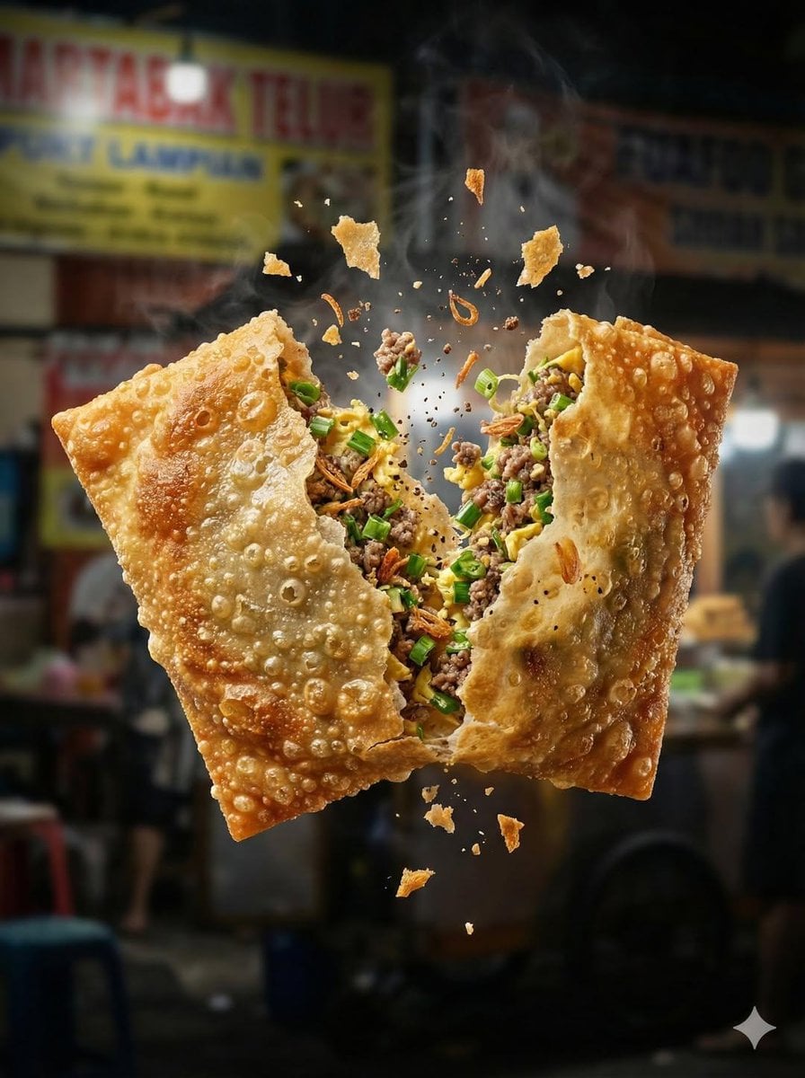 Ultra-realistic high-speed food photography of a crispy golden fried snack breaking apart mid-air, creamy sav…