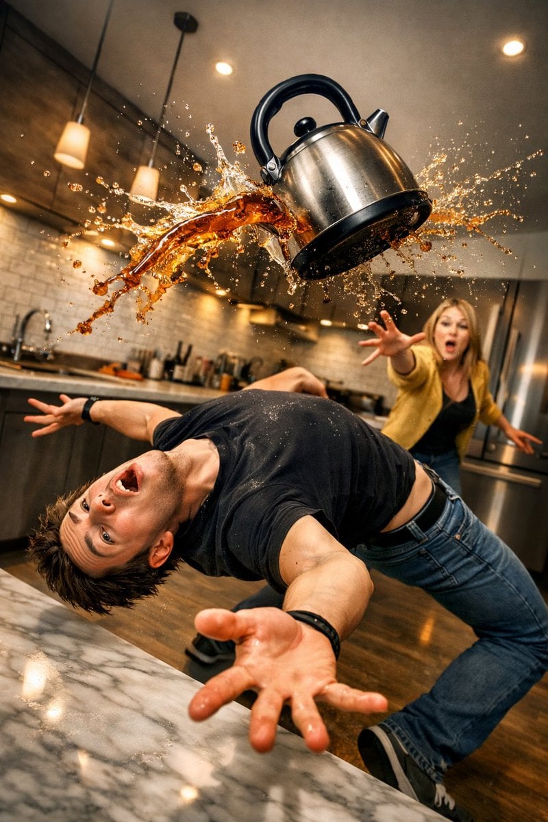 Surreal comedic scene inside a modern kitchen: a young man bends back…