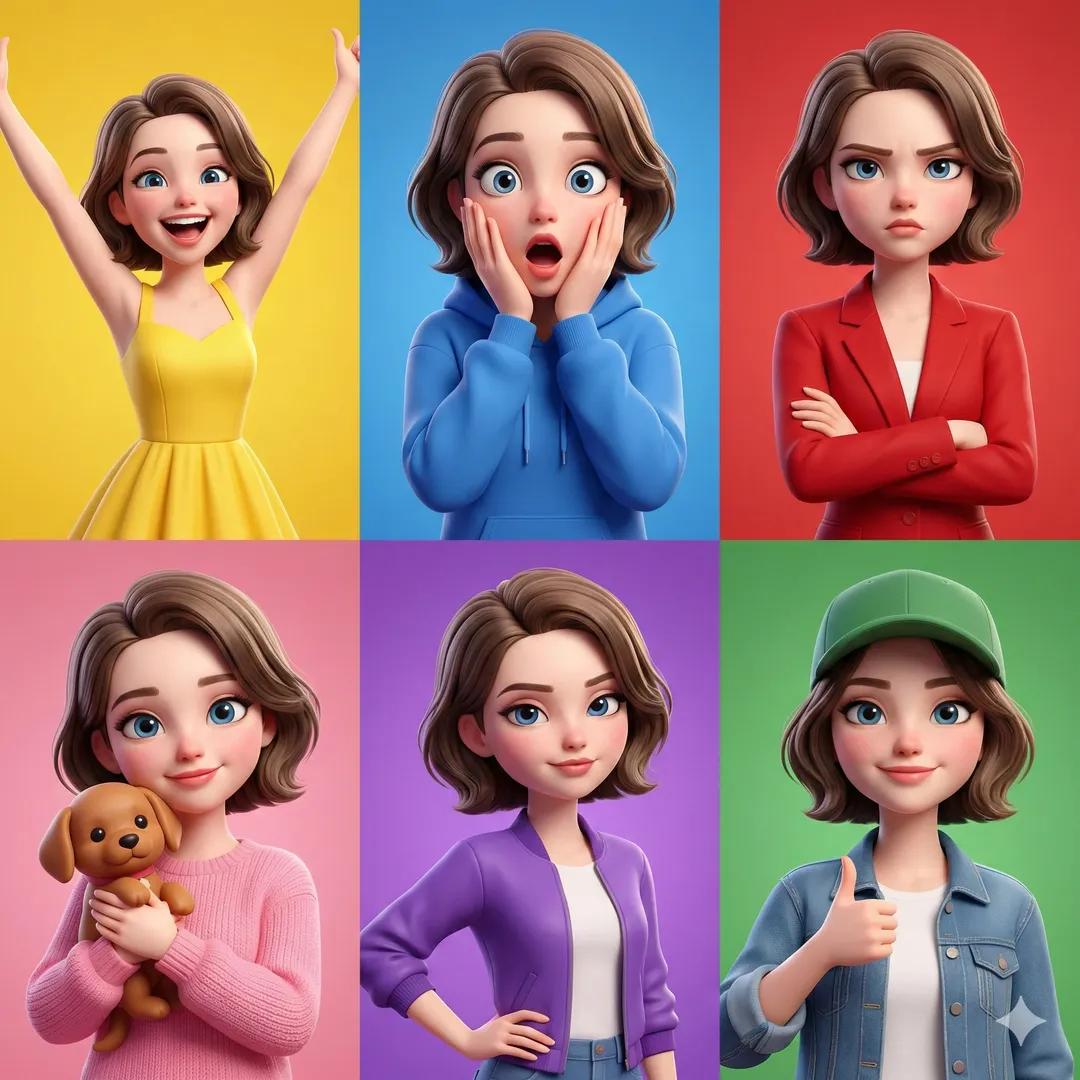 3D Pixar-style animated girl shown in a 6-panel grid, same character…
