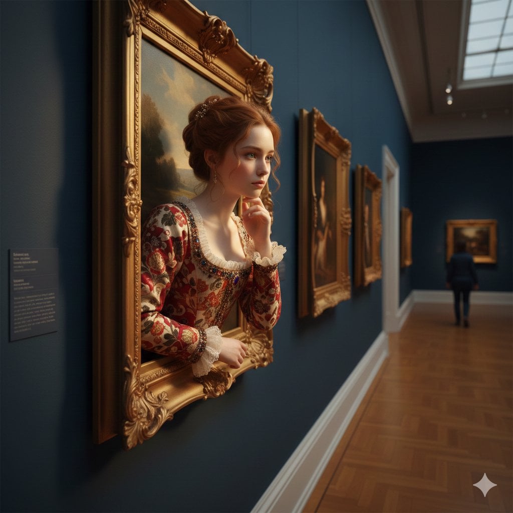 A surreal, ultra-realistic scene of a young woman emerging from an ornate golden picture frame mounted on a d…
