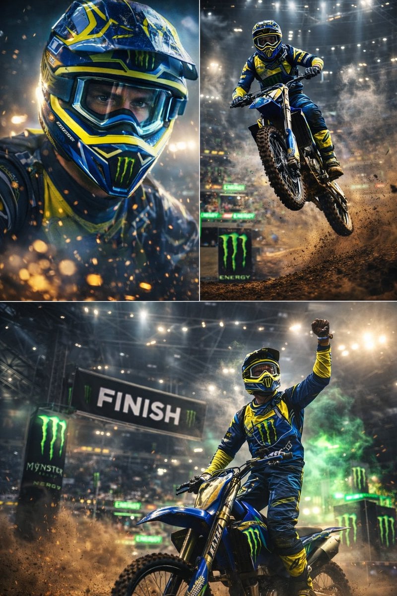 Ultra-dynamic motocross racing scene featuring a professional dirt bi…
