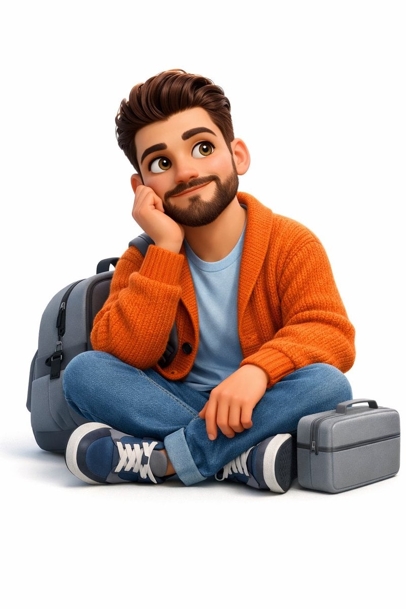 create a A 3D, Pixar-style animated young man sits cross-legged on a…