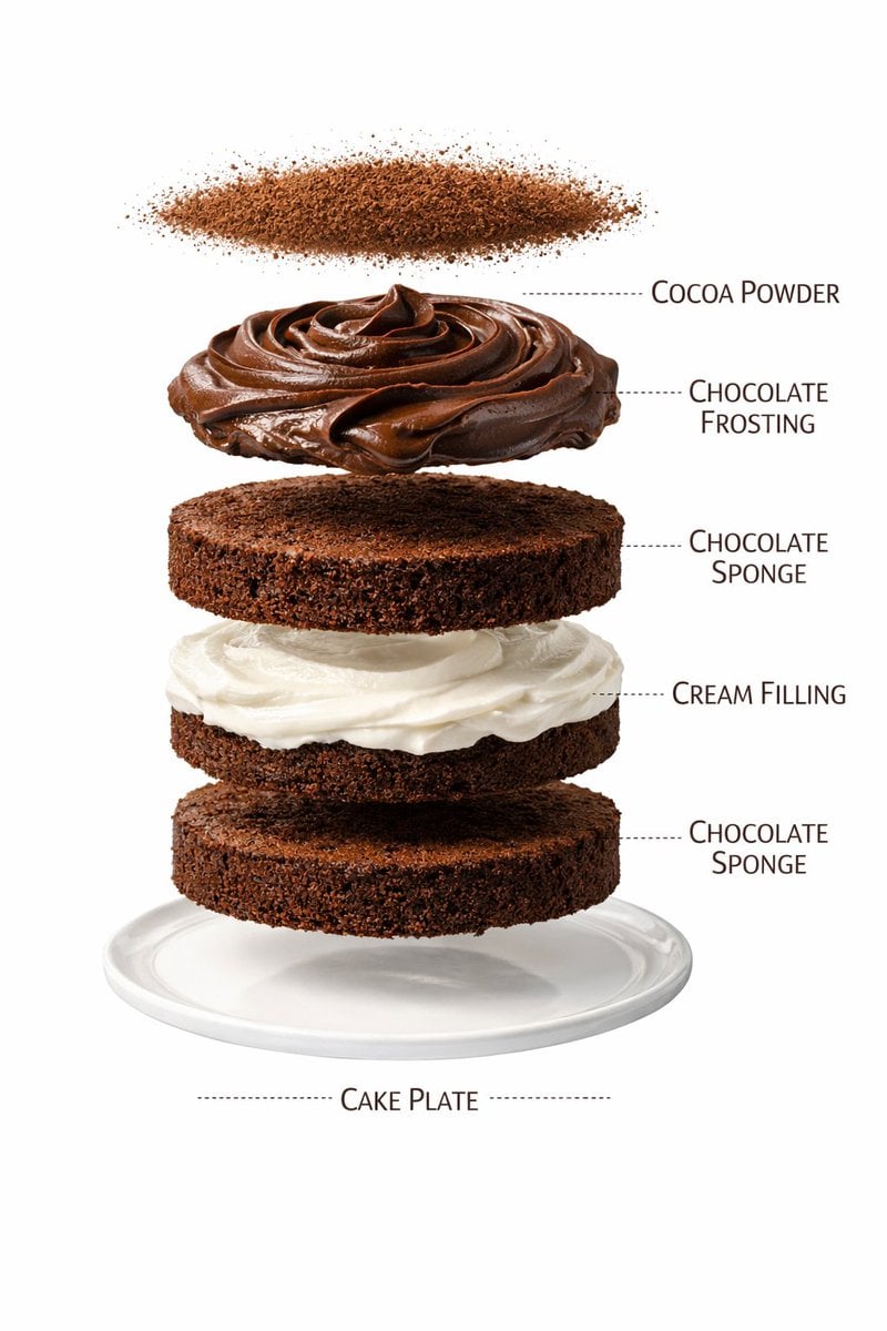 Ultra-realistic premium food photography of a layered chocolate cake…