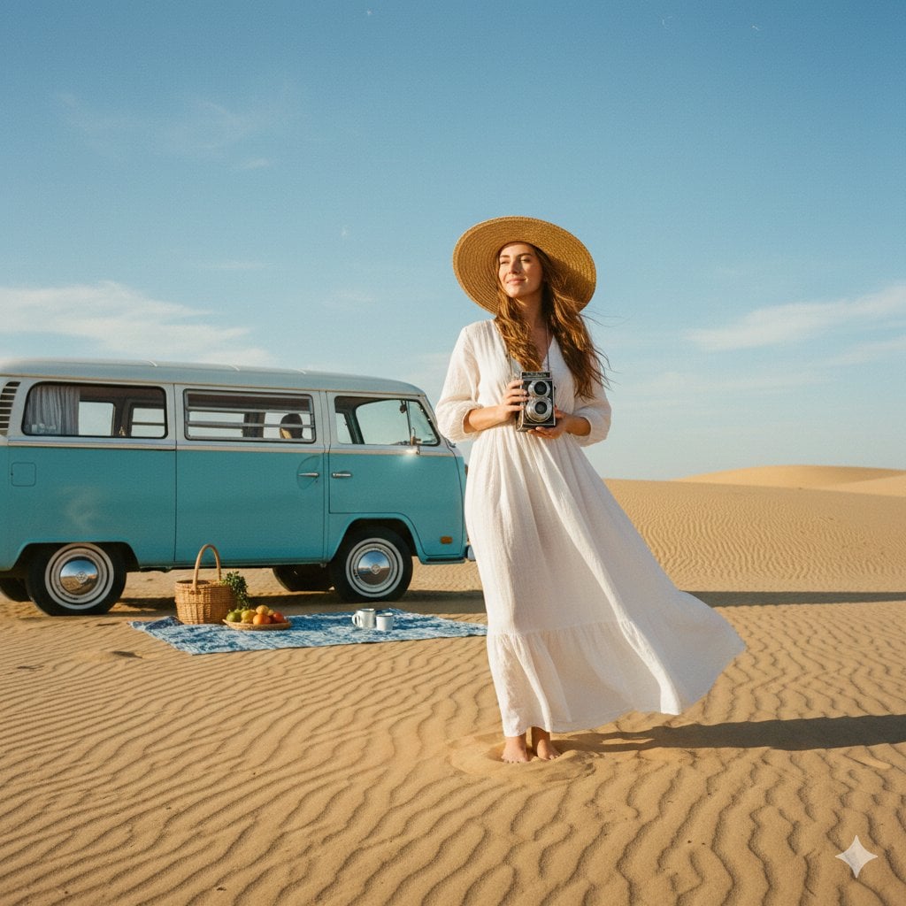 A wide shot of a woman in an airy white linen maxi dress and a wide-brimmed straw hat, standing in a vast, su…
