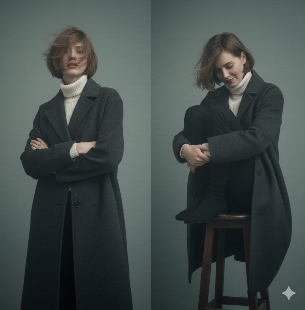 Left Pane: A young woman with a bob haircut stands facing the camera…
