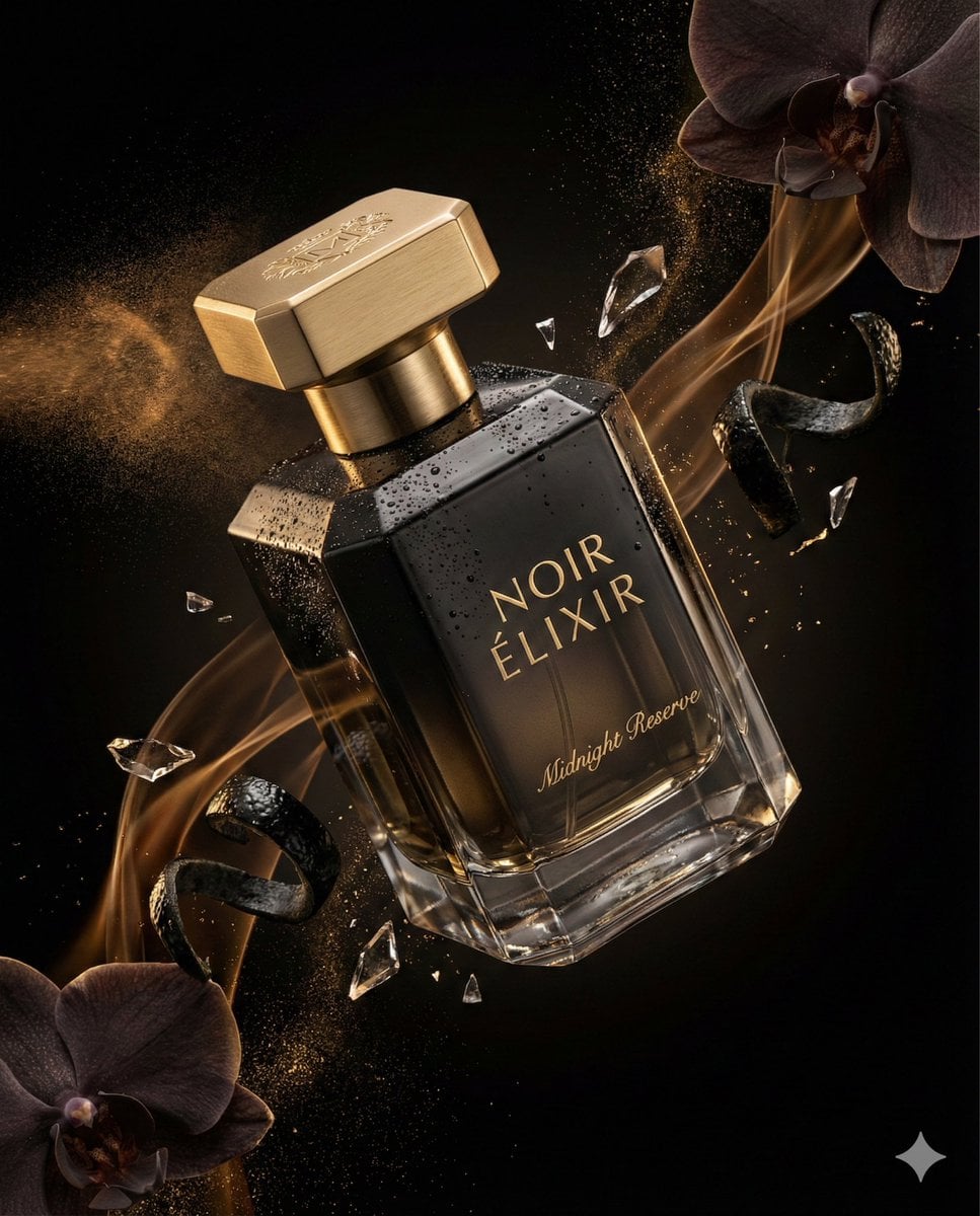 master prompt product luxury perfume bottle brand name NOIR ÉLIXIR fr…