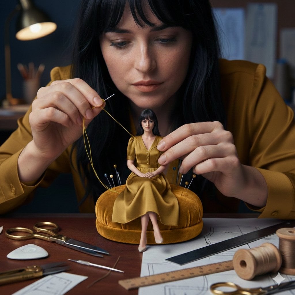 A cinematic fashion studio scene of a woman hand-sewing a miniature d…