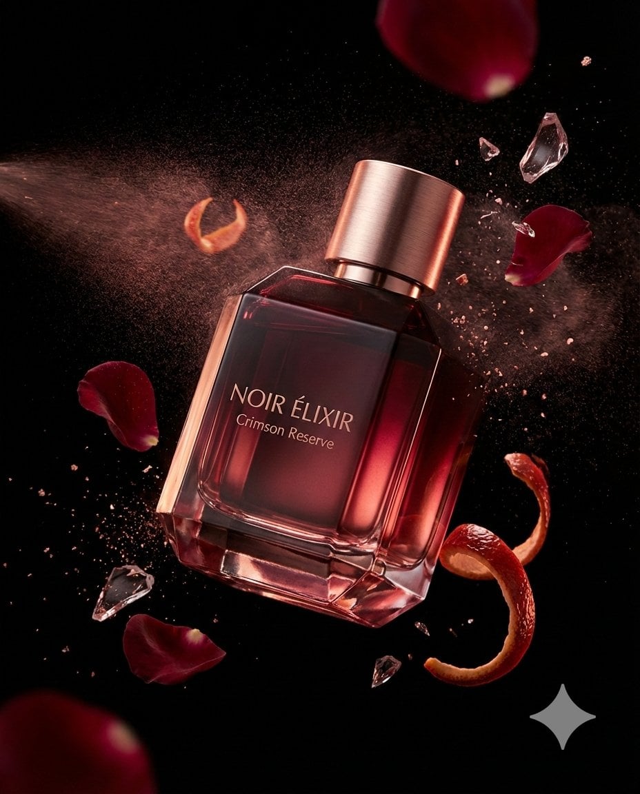 master prompt product luxury perfume bottle brand name NOIR ÉLIXIR fragrance line Crimson Reserve container s…