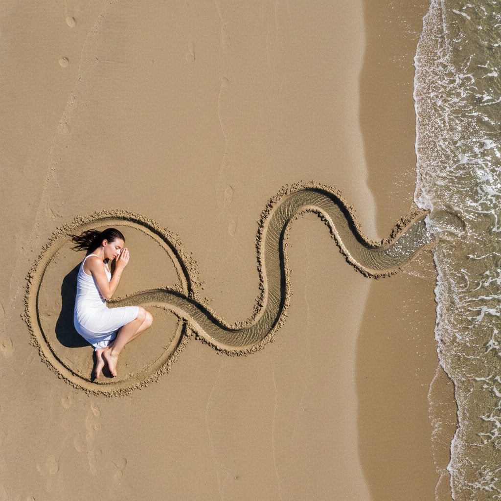 intent summary Land-art photography of a woman connected to the sea v…