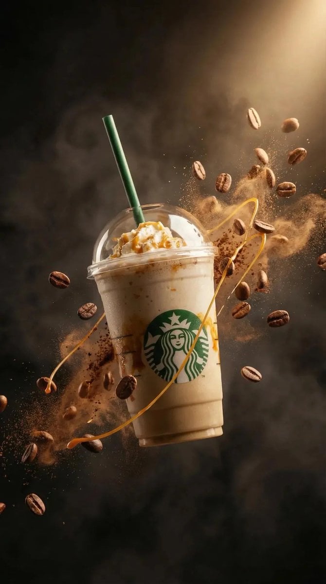 Ultra-realistic commercial product photography of a caramel frappucci…