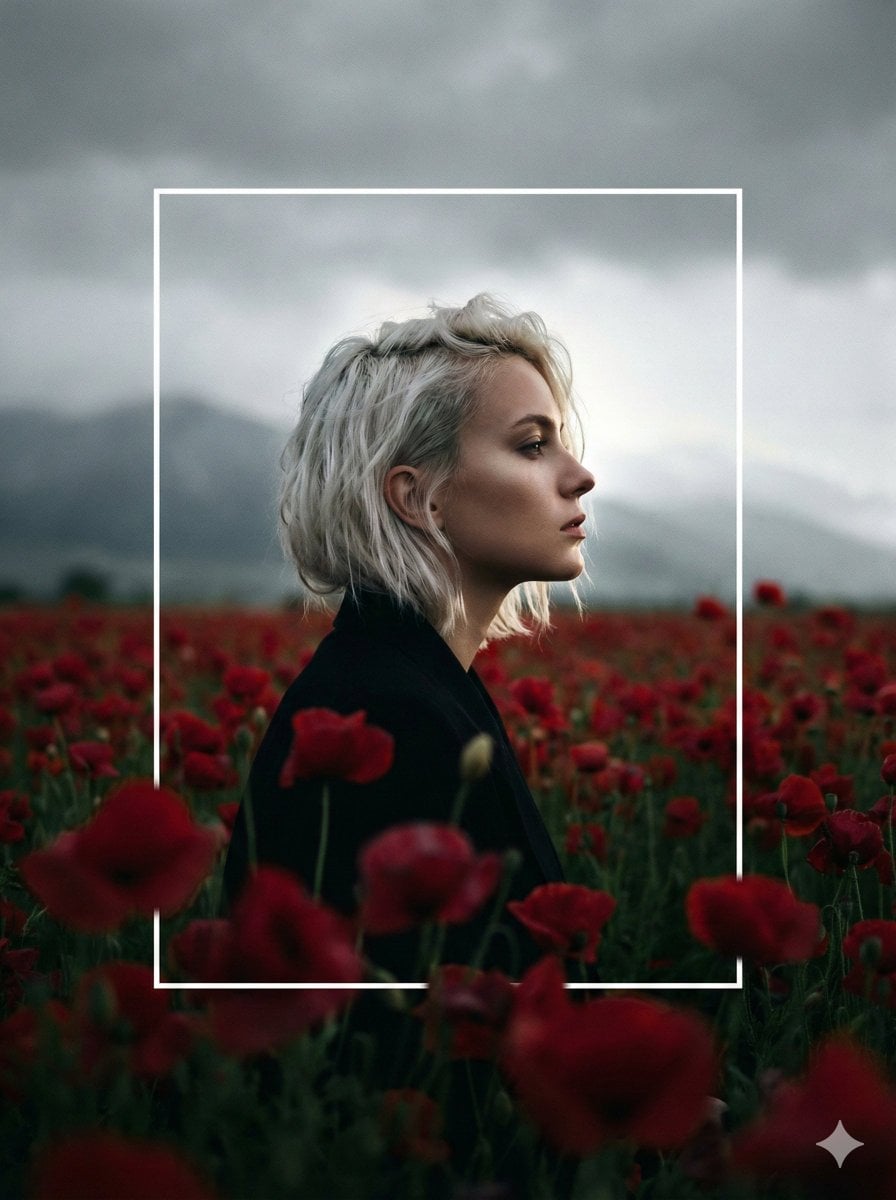 A cinematic, high-contrast profile portrait of a woman with short, pl…