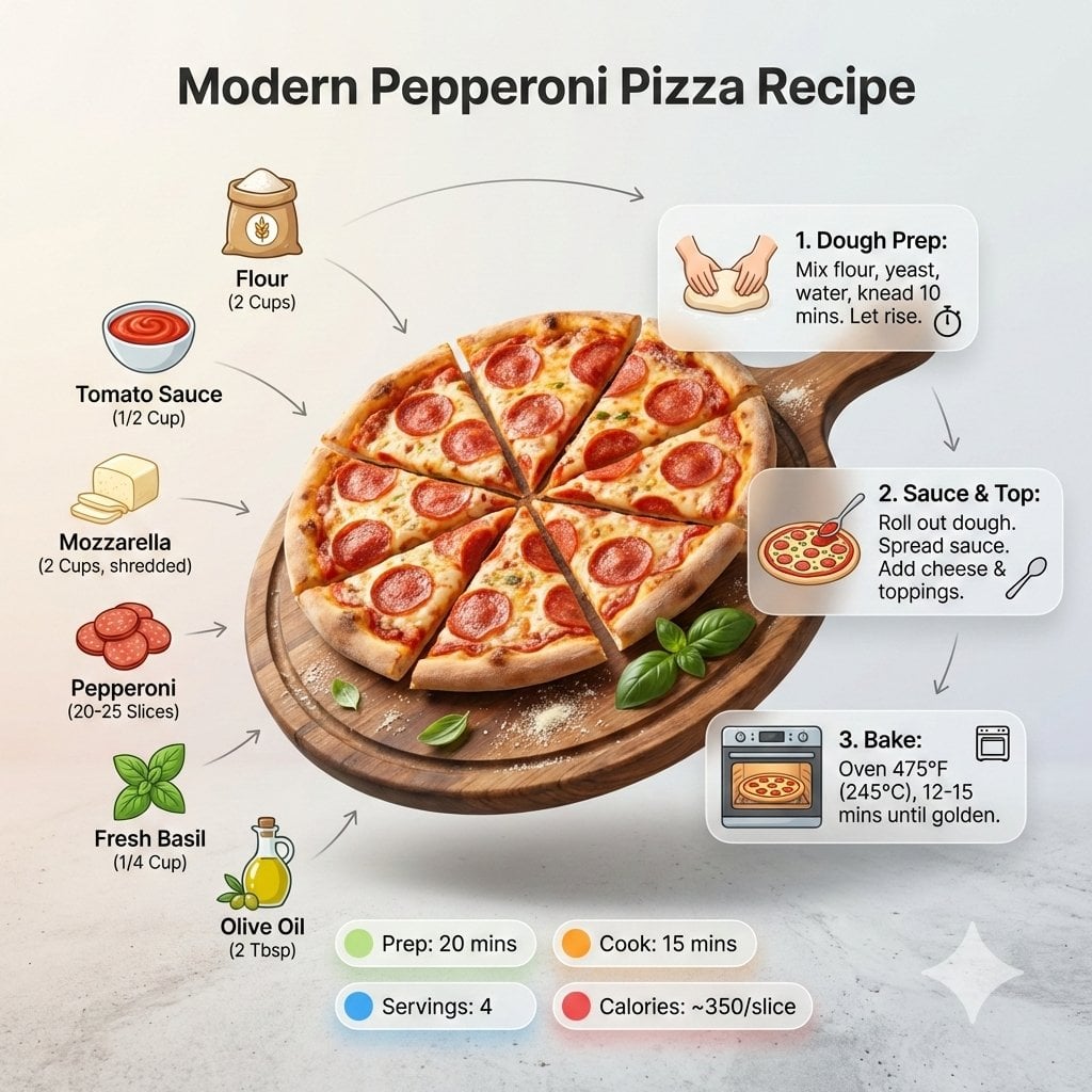 Ultra-clean modern recipe infographic. Showcase Pizza in a visually a…
