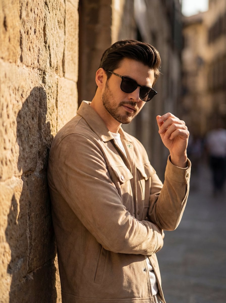 A cinematic golden hour portrait of a stylish man leaning against a textured stone wall, wearing dark sunglas…