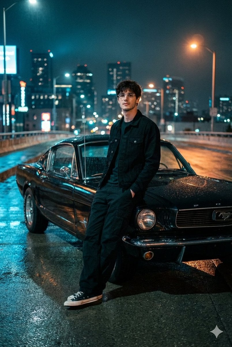 A Cinematic Night Photo On A Dimly Lit Urban Overpass With A View Of…