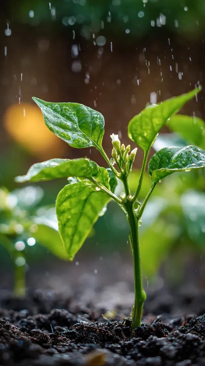 A small chili plant with glossy green leaves and one tiny white flowe…
