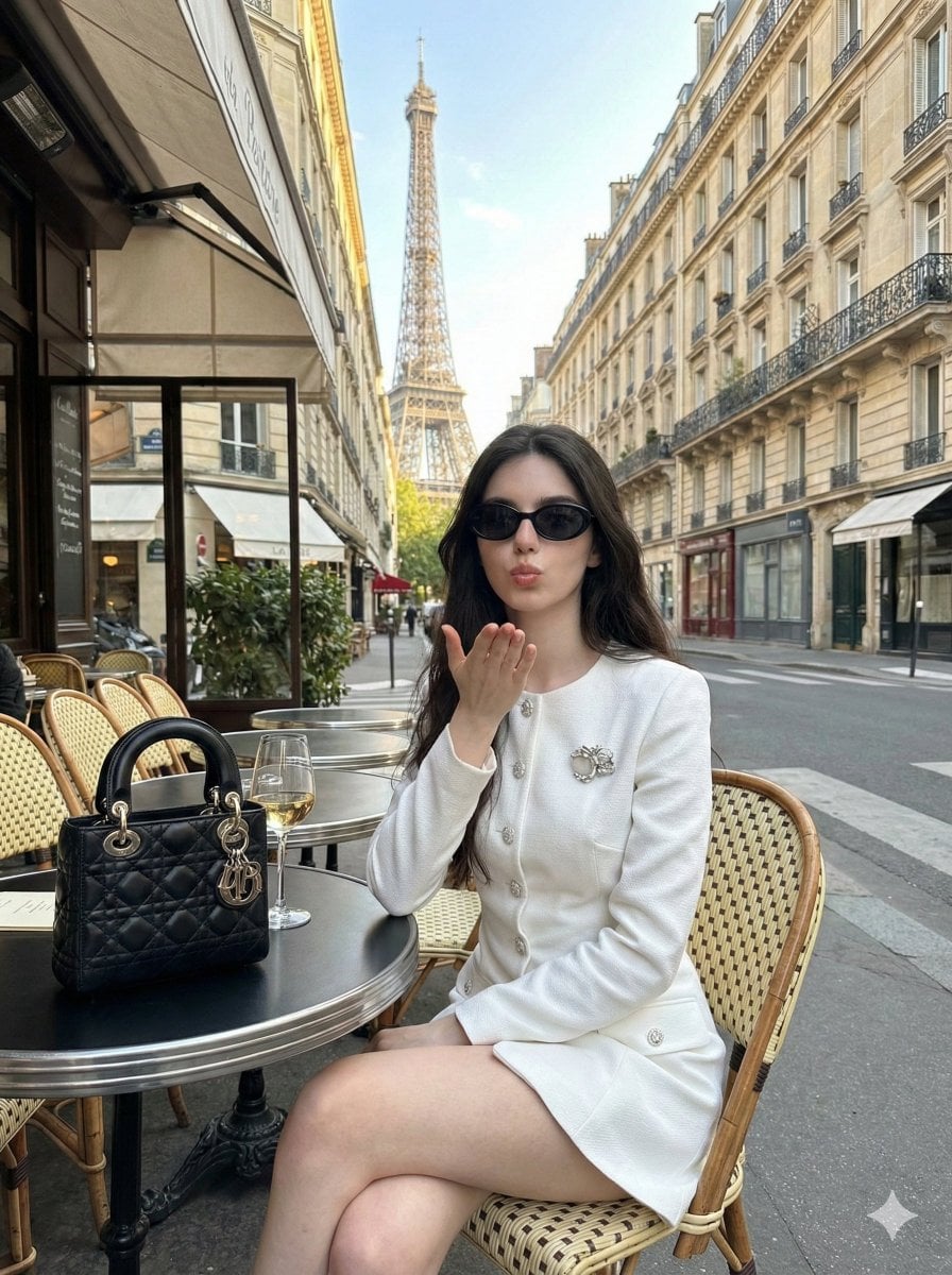prompt type Ultra-Photorealistic Lifestyle Photography Young woman in the reference image with a chic luxurio…