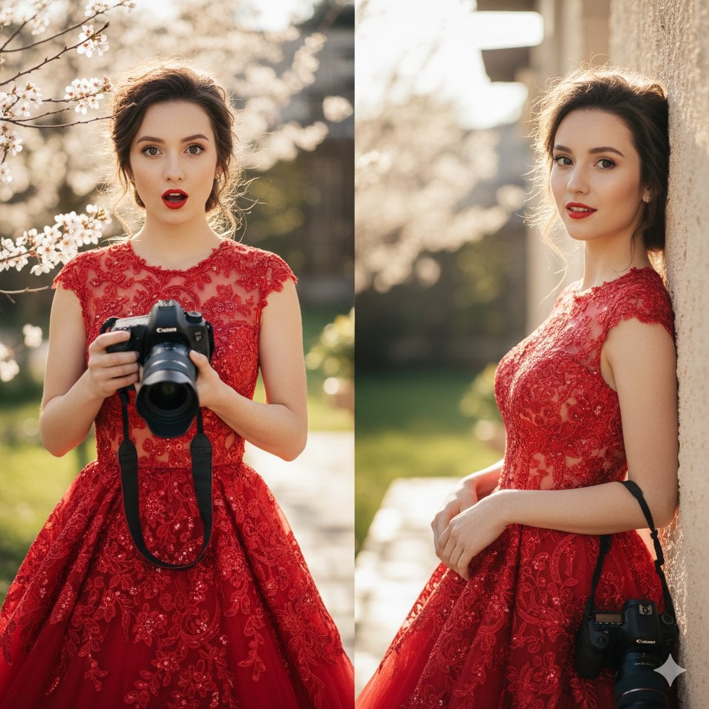 A young woman with an elegant, polished look. In one frame, she has a…