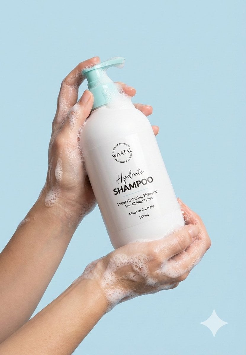 product photography prompt Hands holding a shampoo bottle with lather…