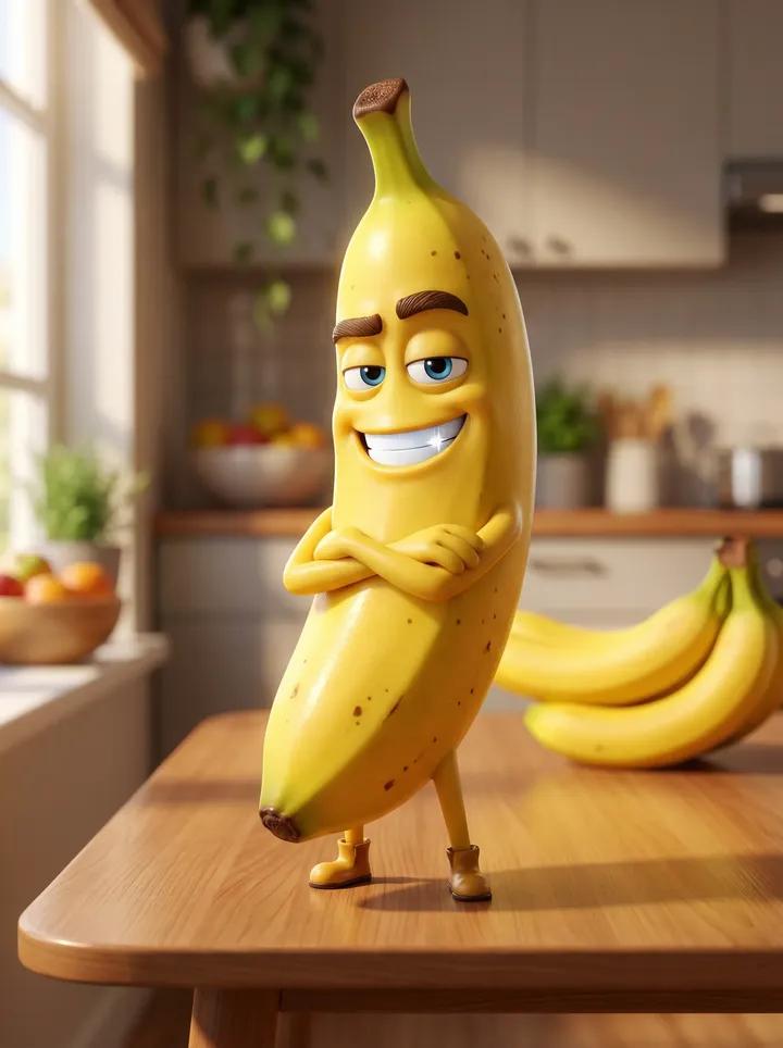 A Pixar-style 3D animated character of a single banana. Handsome male…