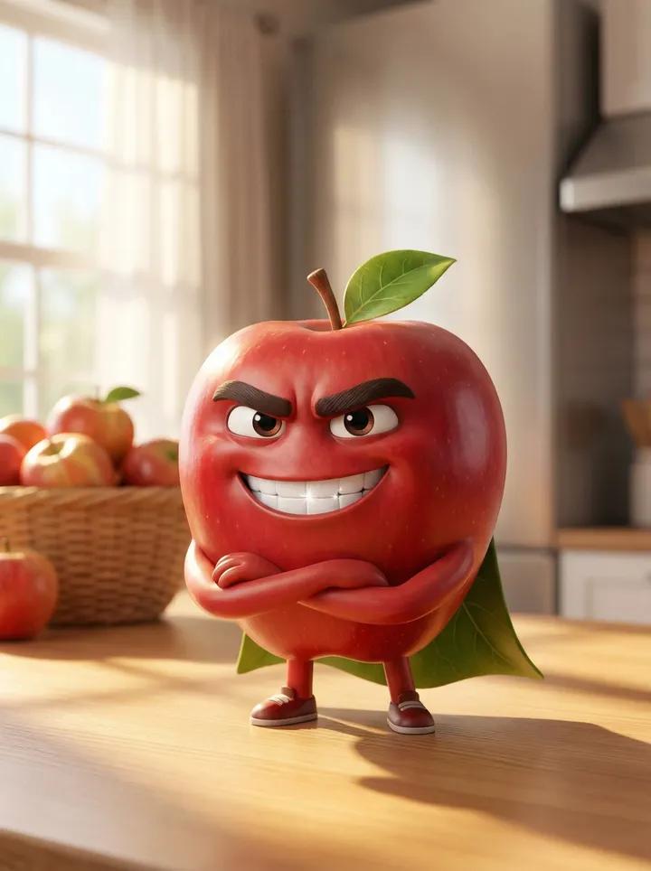 A Pixar-style 3D animated character of a single red apple. Handsome male character with sharp confident eyes,…