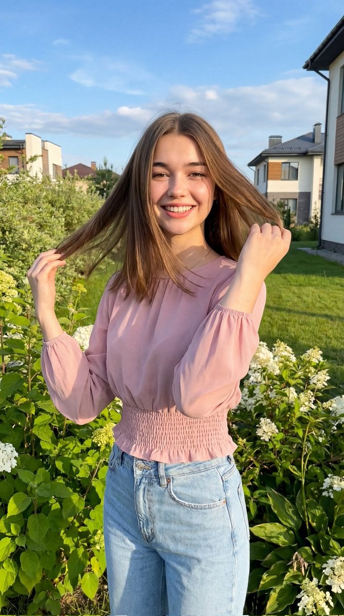 A cheerful young woman standing outdoors in a lush green garden, smil…