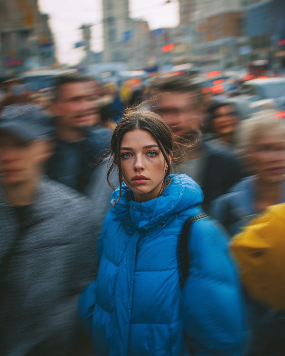 Ultra-realistic cinematic street portrait of a young woman in a brigh…