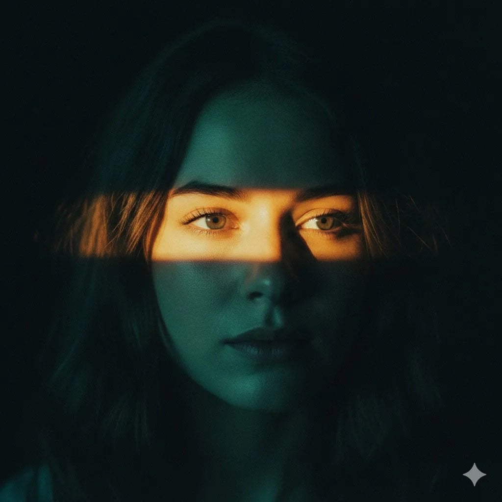 Ultra-realistic cinematic portrait of a young woman with soft brown h…