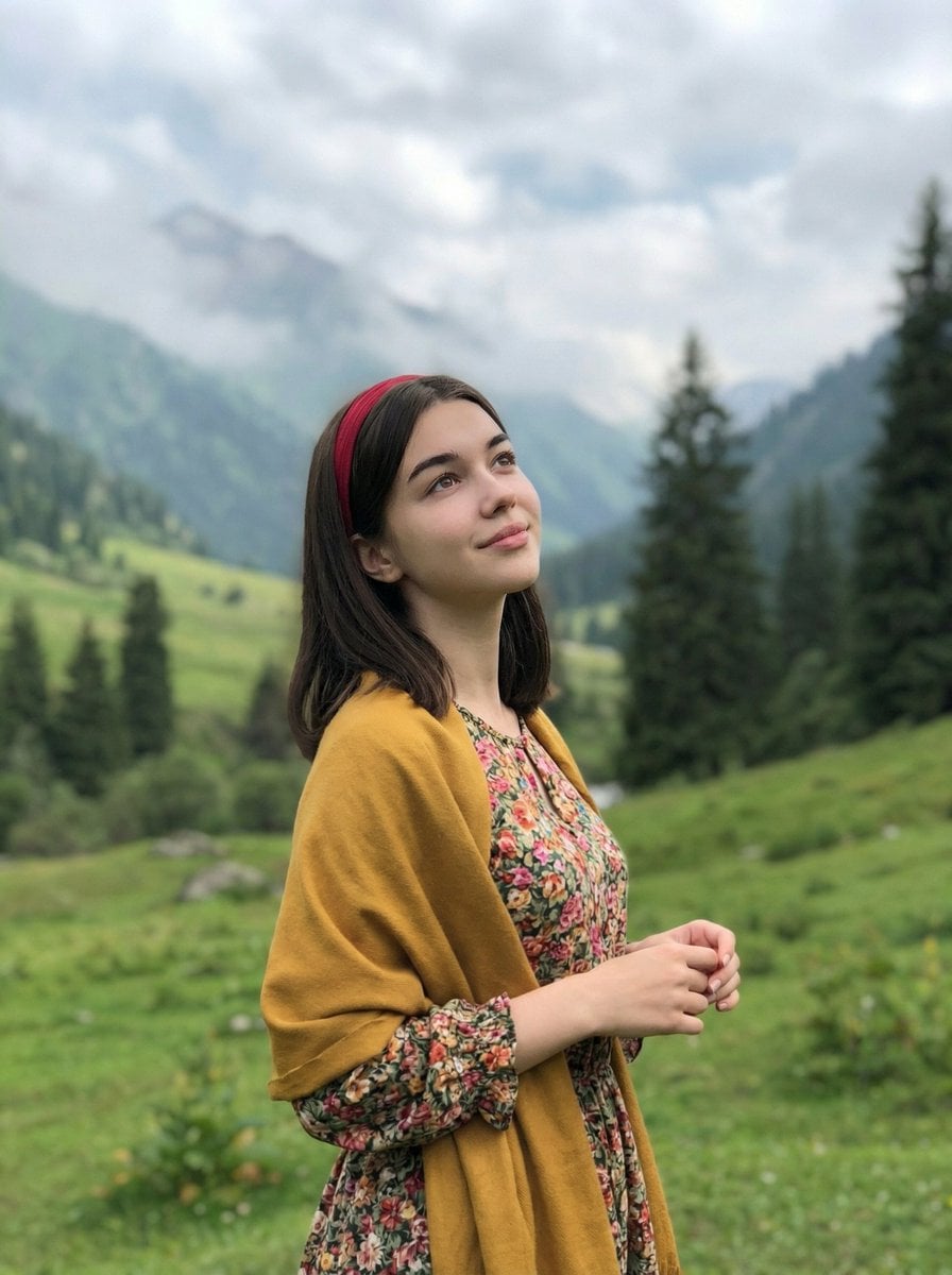 image generation young woman standing in a lush green mountain valley…