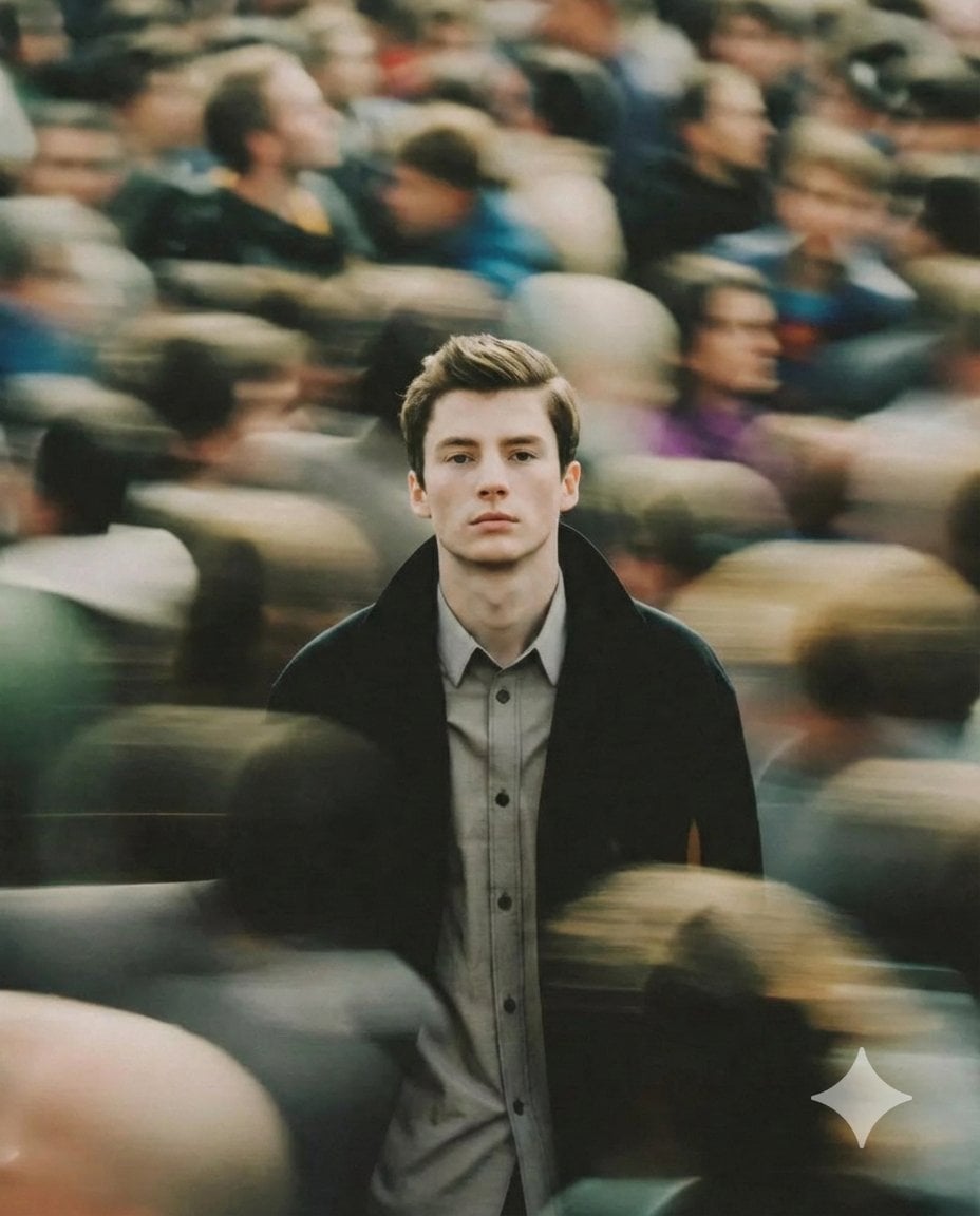 A cinematic portrait of a young man standing still in the middle of a…