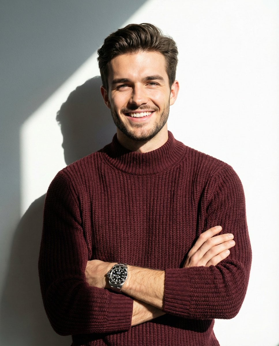 A man smiling and posing with his arms crossed, wearing a maroon knit…