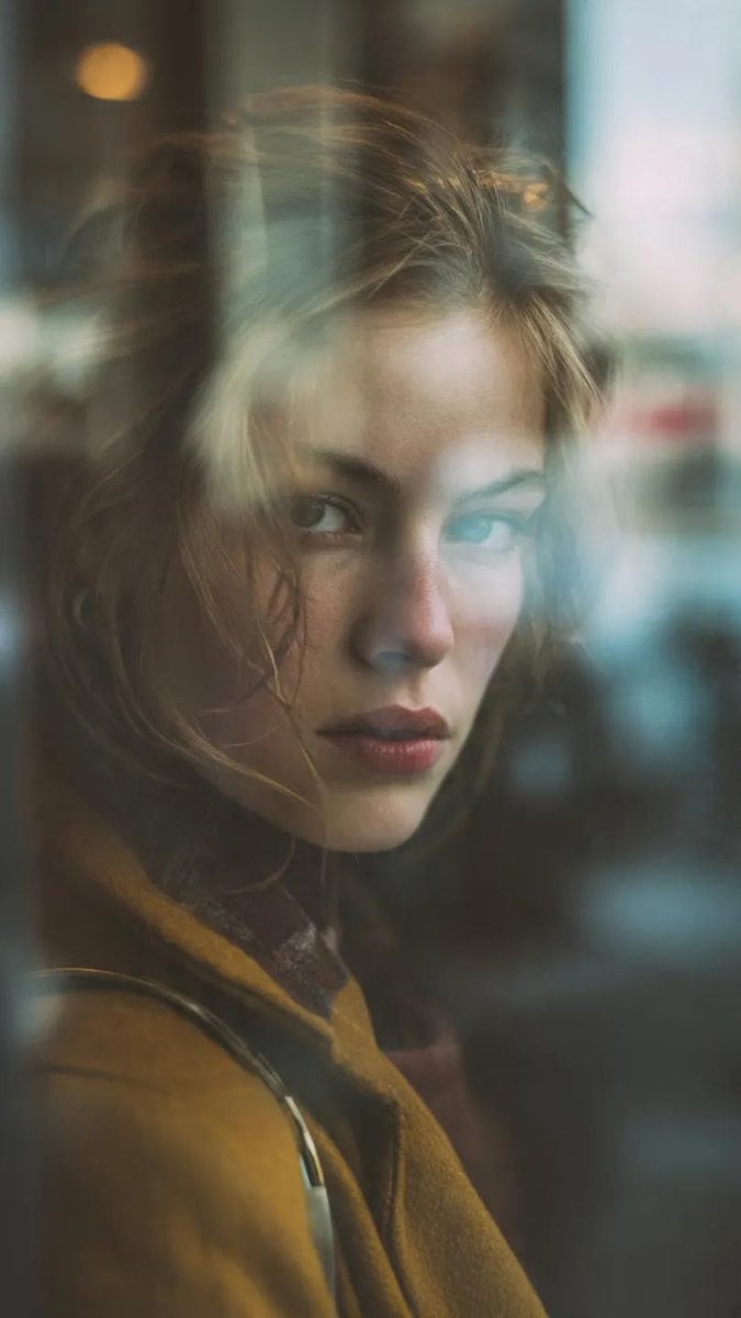 Reflection in glass window, layered composition, subject of a beautif…