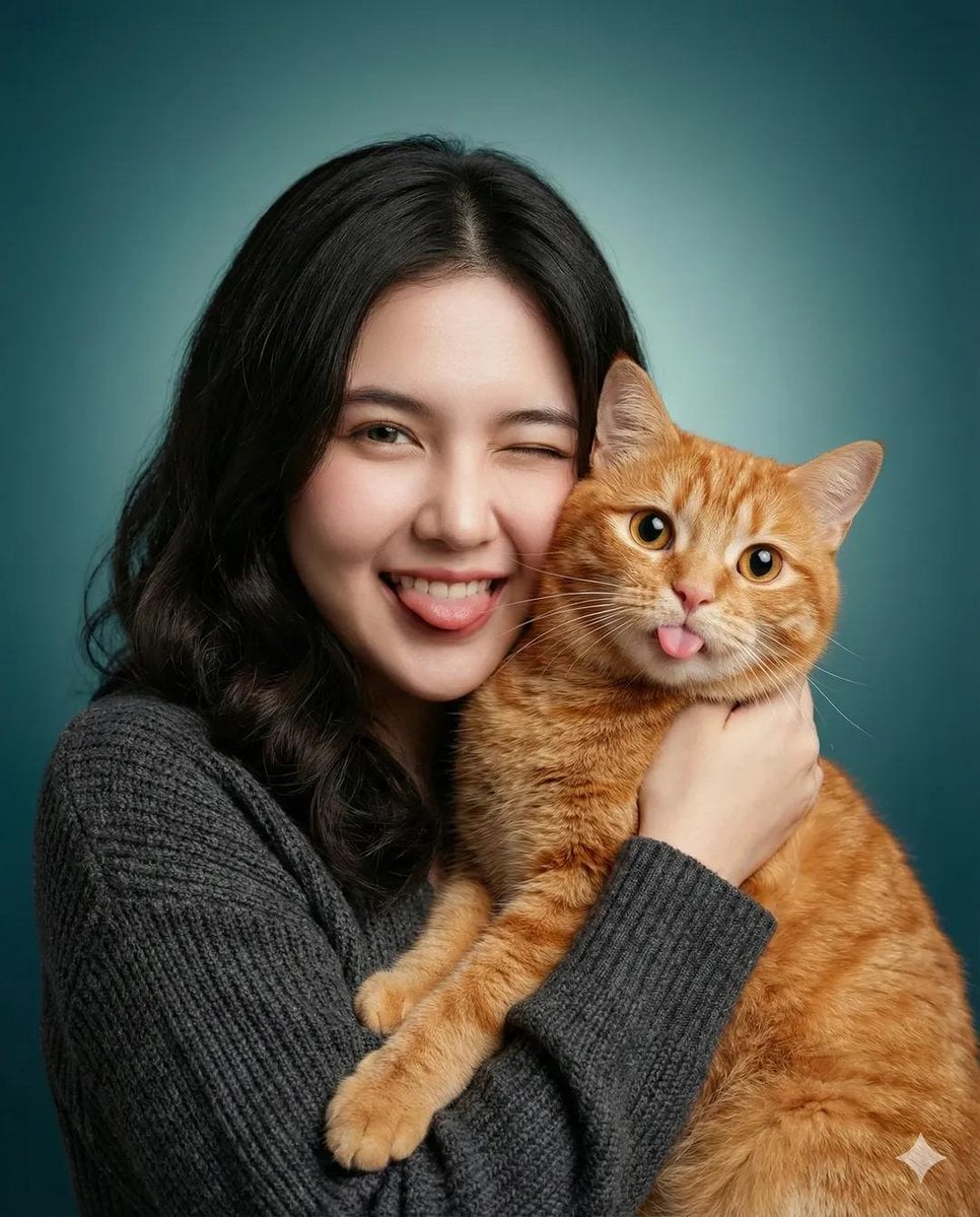 A heartwarming studio portrait of a young woman holding a cute orange tabby cat close to her face. Both are p…