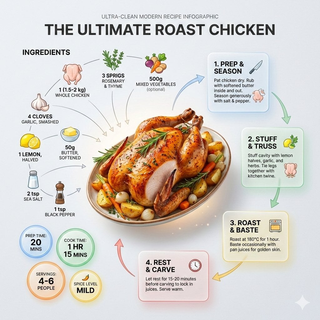 Ultra-clean modern recipe infographic. Showcase Roast chicken in a vi…