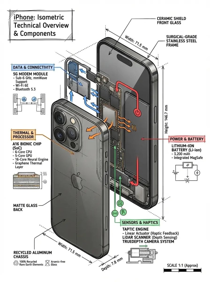 Create a technical infographic of [OBJECT] with a 45-degree isometric…