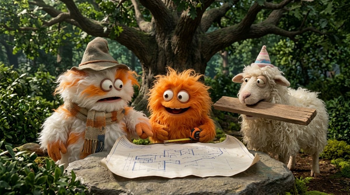 Create a funny 4-part story featuring 3 fluffy creatures building a treehouse. The story has emotional highs…