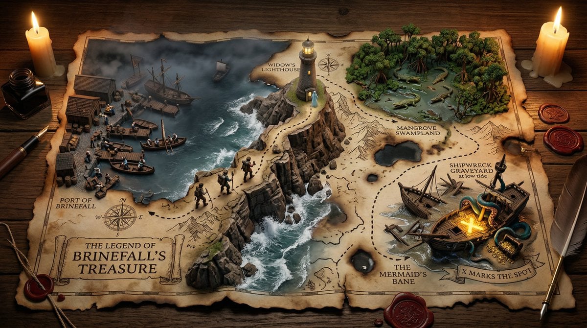 A hand-drawn treasure map on aged parchment, with the adventure erupt…