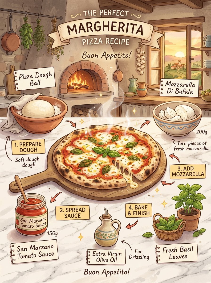 margherita pizza recipe infographic, Studio Ghibli inspired illustrat…