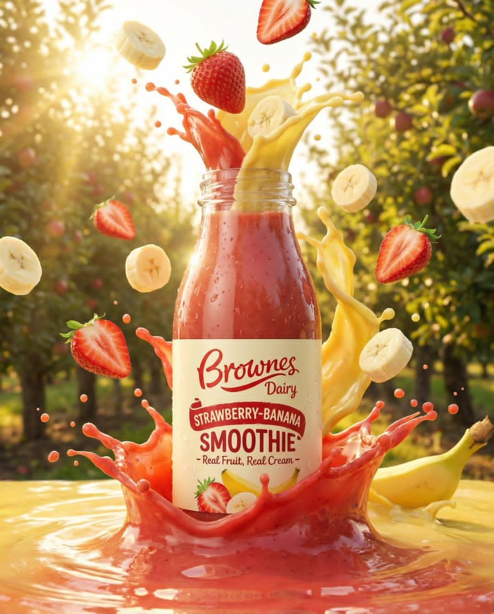 Ultra-realistic product ad of a premium fruit drink bottle, dynamic l…