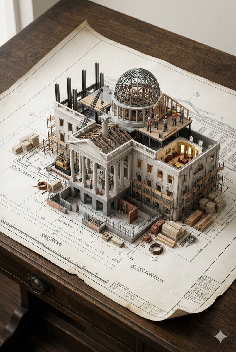An architectural blueprint of [BUILDING_NAME] placed on a {SURFACE},…