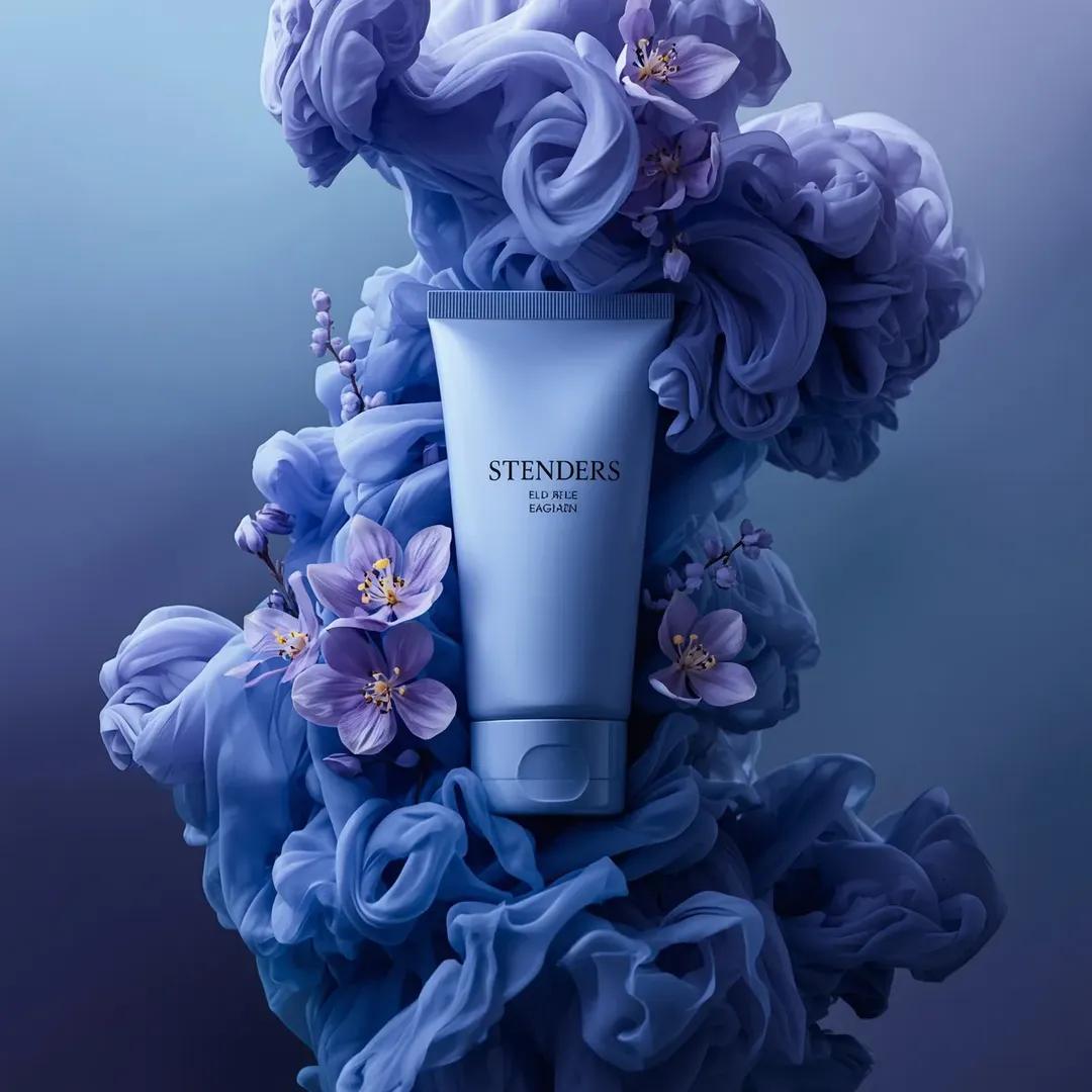 Ultra-realistic luxury cosmetic product photography in a dramatic monochromatic blue-violet composition. A sl…