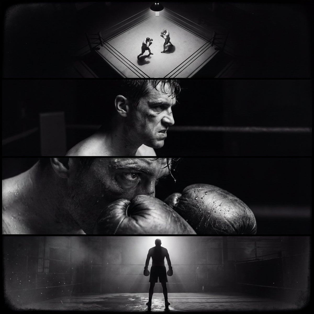 Create a single film noir–style cinematic image divided into four hor…